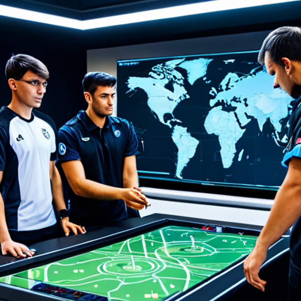A diverse group of professional esports gamers, fully clothed in modest team uniforms, gathered around a large holographic tactical map displaying a complex strategy. They are engaged in focused discussion, pointing at key areas, demonstrating strategic planning for resource optimization and efficient team coordination. The setting is a clean, modern gaming training facility with subtle high-tech interfaces. The atmosphere is collaborative and serious. safe for work, appropriate content, fully clothed, professional, perfect anatomy, correct proportions, natural pose, well-formed hands, proper finger count, natural body proportions, high quality, professional photography.