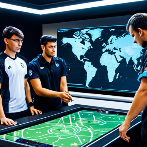 Home 6 A diverse group of professional esports gamers, fully clothed in modest team uniforms, gathered around a large holographic tactical map displaying a complex strategy. They are engaged in focused discussion, pointing at key areas, demonstrating strategic planning for resource optimization and efficient team coordination. The setting is a clean, modern gaming training facility with subtle high-tech interfaces. The atmosphere is collaborative and serious. safe for work, appropriate content, fully clothed, professional, perfect anatomy, correct proportions, natural pose, well-formed hands, proper finger count, natural body proportions, high quality, professional photography.