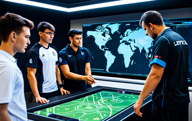 A diverse group of professional esports gamers, fully clothed in modest team uniforms, gathered around a large holographic tactical map displaying a complex strategy. They are engaged in focused discussion, pointing at key areas, demonstrating strategic planning for resource optimization and efficient team coordination. The setting is a clean, modern gaming training facility with subtle high-tech interfaces. The atmosphere is collaborative and serious. safe for work, appropriate content, fully clothed, professional, perfect anatomy, correct proportions, natural pose, well-formed hands, proper finger count, natural body proportions, high quality, professional photography.